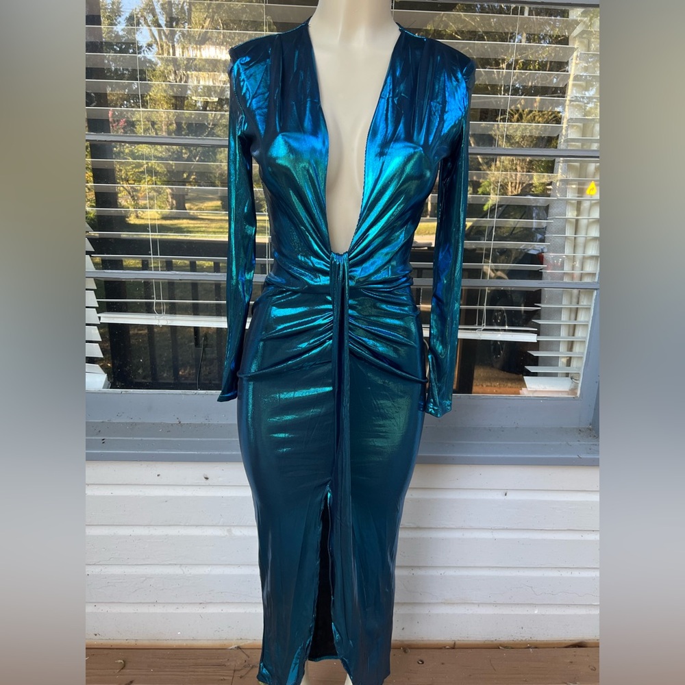 Metallic Teal Long Sleeve Dress